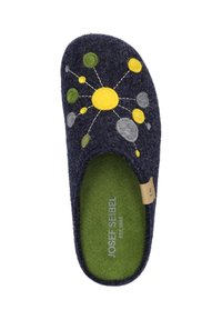 Pantofole in feltro blu scuro con punta rotonda, caratterizzate da pois ricamati gialli, verdi e grigi e un motivo a raggiera sulla parte superiore. Soletta verde.