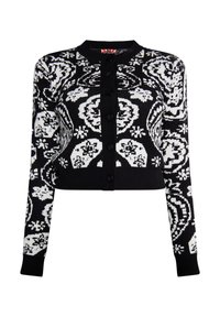 Cardigan a righe bianco e nero con maniche lunghe, chiusura a bottoni e design cropped con motivi di teschi e fiori.