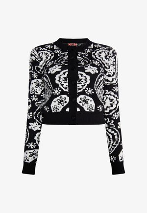 Cardigan cu model alb-negru, cu mâneci lungi, închidere cu butoane și un design scurt, având motive cu cranii și flori.