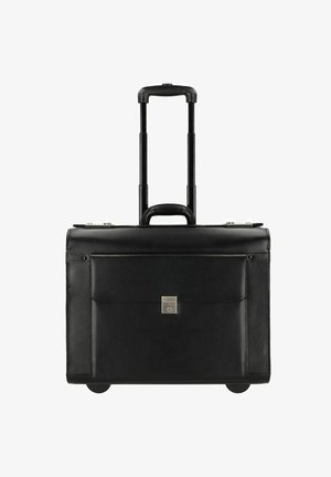 Maletín negro con ruedas hecho de cuero, que cuenta con un bolsillo frontal, una asa retráctil y dos ruedas para facilitar su movilidad.