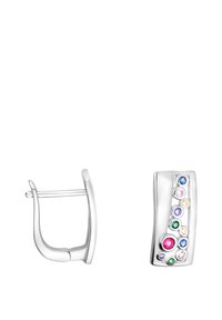 Silverörhängen med en rektangulär design prydd med flerfärgade ädelstenar i olika storlekar anordnade dekorativt.