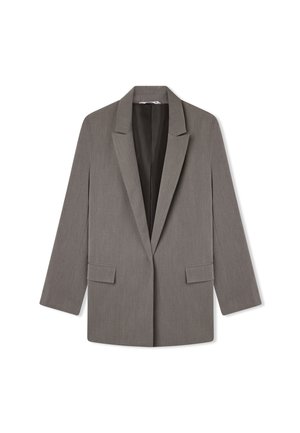 Blazer grigio con rever a punta, maniche lunghe e due tasche frontali. Realizzato in un tessuto liscio con una leggera texture e design aperto sul davanti.