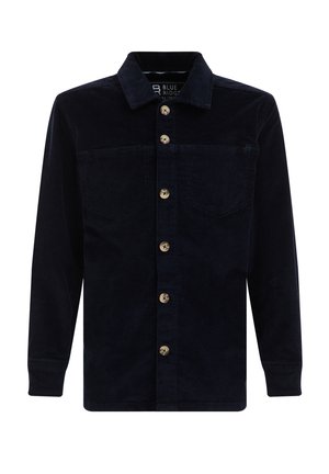 Marine corduroy overhemdjack met een knoopsluiting aan de voorkant, twee borstzakken en een kraag. Heeft een structuurstof en houten knopen.
