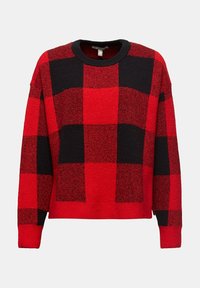 Pull en laine à carreaux rouges et noirs avec manches longues et col rond côtelé.