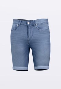 Hellblaue Jeansshorts mit klassischem Fünf-Taschen-Design, umgeschlagenen Säumen und einer glatten, strukturierten Oberfläche. Mit vorderem Knopfverschluss.