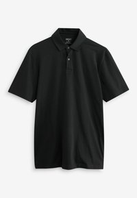 Schwarzes Poloshirt aus Baumwolle, mit Kragen, kurzen Ärmeln, zwei Knöpfen und einem kleinen gestickten Logo auf der Brust.