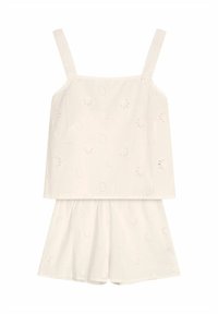 White cotton two-piece set featuring a sleeveless top and short pant bottoms, with embroidered floral patterns throughout.