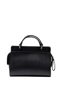 Borsa a tracolla in pelle nera con forma strutturata, manici superiori e una tracolla rimovibile. Caratterizzata da dettagli in metallo dorato e superficie testurizzata.