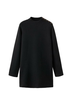 Black knit sweater dress featuring a high ribbed neckline, long sleeves, and seven decorative buttons on the left shoulder.