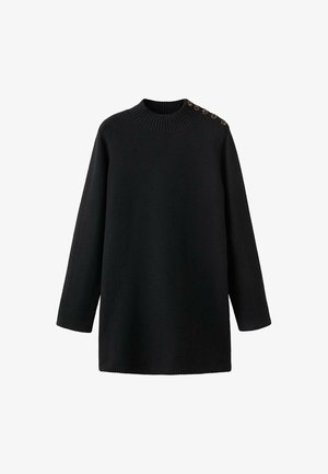 Abito maglione nero con colletto alto a coste, maniche lunghe e sette bottoni decorativi sulla spalla sinistra.