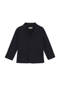 Marineblauwe blazer met een visgraatpatroon, twee voorzakken, sluiting met één knop en gesneden revers. Geschikt voor formele gelegenheden.