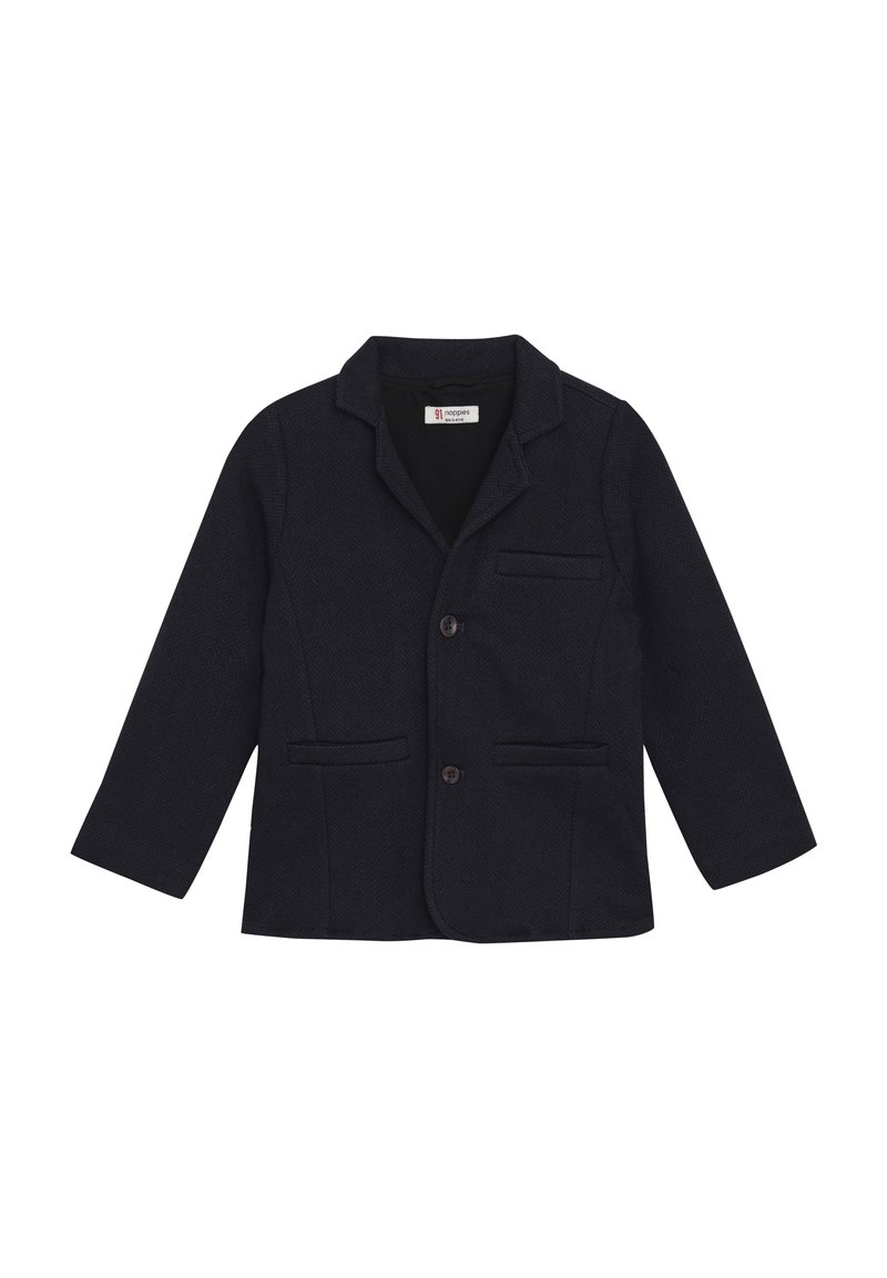 Marineblauwe blazer met een visgraatpatroon, twee voorzakken, sluiting met één knop en gesneden revers. Geschikt voor formele gelegenheden.