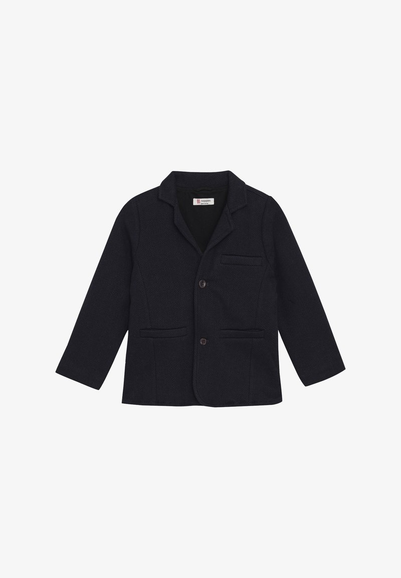 Marineblauer Blazer mit Fischgrätmuster, zwei Fronttaschen, Ein-Knopf-Verschluss und abgesetzten Revers. Geeignet für formelle Anlässe.