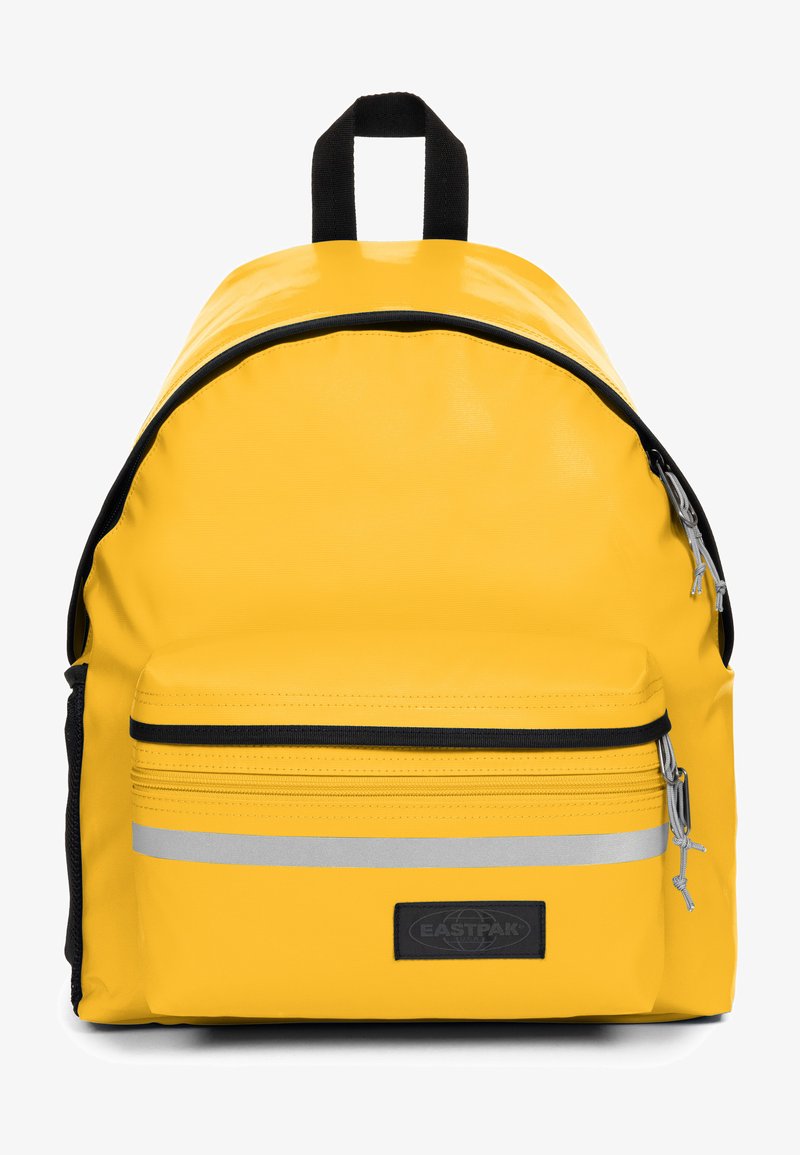 Yellow backpack with a glossy finish, curved shape, contrasting black accents, a front zip pocket, and a silver reflective strip.