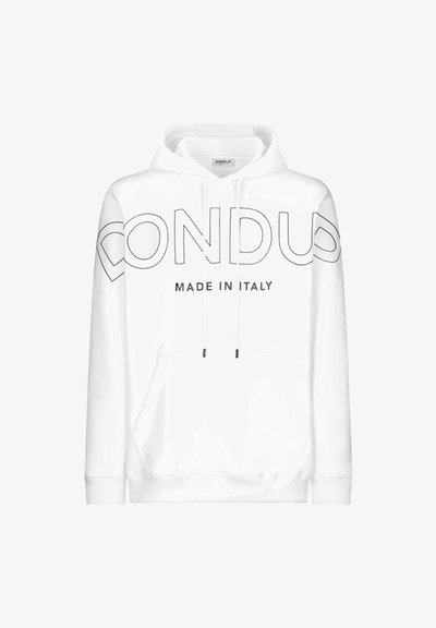 Felpa bianca in cotone con tasca frontale. Presenta un audace testo nero, "DONDU," e "MADE IN ITALY" stampato sul davanti.