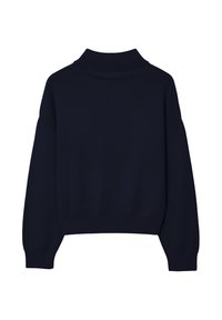 Pull cropped bleu marine avec un col haut, des épaules tombantes, des manches longues, et des poignets et un ourlet côtelés, fabriqué en matière tricot douce.