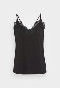 Černý top na ramínka s V výstřihem, nastavitelnými tenkými ramínky a krajkovým detailem. Měkká látka s hladkým povrchem.