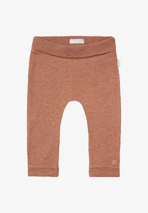 Ribbed cotton leggings in a rust color with a wide waistband and stitched cuffs, featuring a small logo detail on the leg.