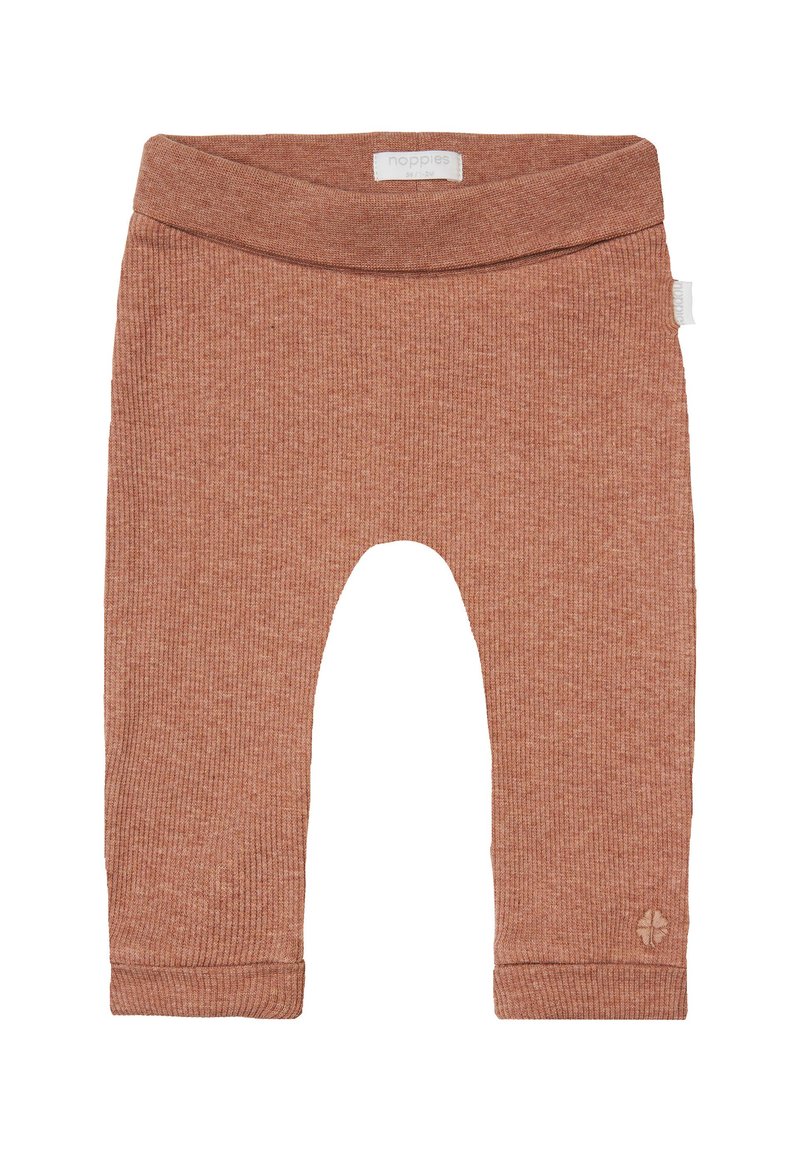 Ribbade bomullstights i rostfärg med bred midja och sydda manchetter, med en liten logotypdetalj på benet.