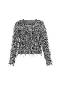 Pulover scurt, negru și gri, cu un design texturat și franjuri, mâneci lungi și decolteu rotund. Materialul pare moale și tricotat.