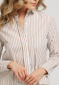 Chemise blanche à manches longues avec de fines rayures verticales marron, un col boutonné et un devant avec un plastron. Tissu en coton lisse.