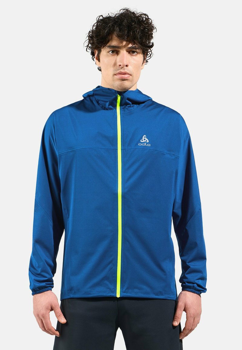 Blue athletic jacket with a hood, featuring a bright yellow zipper and elastic cuff details. Lightweight, smooth fabric, and simple design.