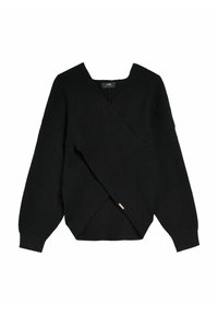 Czarny sweter dzianinowy z krzyżującymi się panelami z przodu, długimi bufkami i kwadratowym dekoltem.