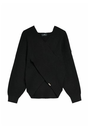 Czarny sweter dzianinowy z krzyżującymi się panelami z przodu, długimi bufkami i kwadratowym dekoltem.