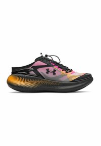 Black and pink athletic shoes with a mesh upper, featuring a unique orange gradient sole and a textured design around the midsole.