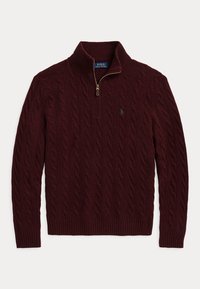 Pruunikaablus kampsun neljandiku lukuga ja püsti kaelaga, millel on rinnal väike roheline tikkitud Polo Ralph Laureni logo.