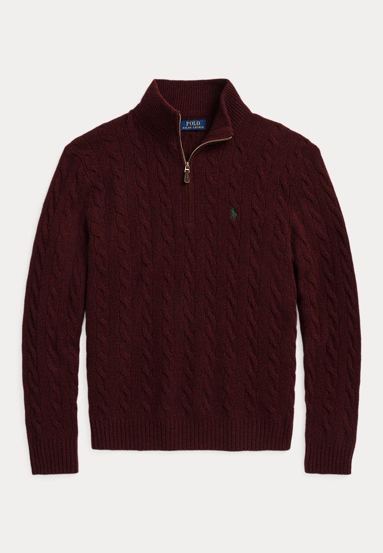 Bordowy sweter w splot warkocza z suwakiem do ćwiartki i stójką, z małym zielonym haftowanym logo Polo Ralph Lauren na piersi.
