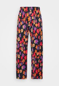 Czarne spodnie z kolorowym kwiatowym nadrukiem w odcieniach czerwieni, pomarańczy, fioletu i beżu, proste nogawki i elastyczna talia.