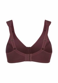 Mauve sportbeha met brede verstelbare banden, een V-halsontwerp en een haak-en-oogsluiting op de rug. Glad stof met minimale naden.