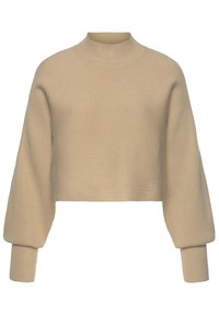 Beige cropped sweater met een hoge hals, geribbelde textuur en volumineuze mouwen. Het ontwerp heeft een schone, minimalistische silhouette.