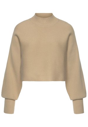 Pull en beige cropped avec un col montant, texture côtelée et manches volumineuses. Le design présente une silhouette épurée et minimaliste.