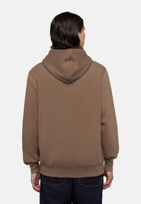 Bruine hoodie van zacht materiaal, met een grote capuchon, ribgebreide manchetten en onderrand. Eenvoudig ontwerp zonder zichtbare logo's of patronen.