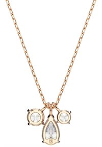 Guldkæde med tre klare krystalpendanter: en dråbeformet centrum og to mindre runde sidesten.