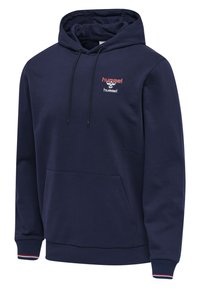 Marineblauwe hoodie van een katoenmix, met een kangoeroezak, verstelbare trekkoordkap en ribbels aan de mouwen met rode en witte accenten.