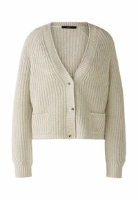 Beige grob gestrickte Strickjacke mit tiefem V-Ausschnitt, langen Ärmeln, vorderer Knopfleiste und zwei Fronttaschen. Strukturstoff mit gerippten Details.