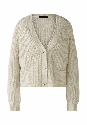 Beige grob gestrickte Strickjacke mit tiefem V-Ausschnitt, langen Ärmeln, vorderer Knopfleiste und zwei Fronttaschen. Strukturstoff mit gerippten Details.