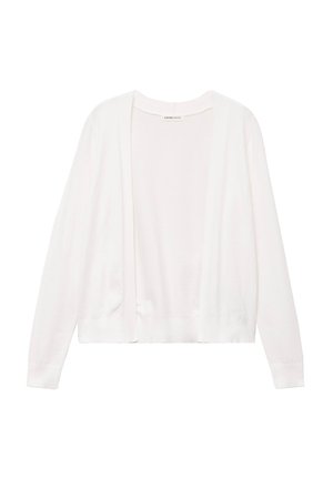 Witte openvallende cardigan met lange mouwen en geribbelde zoom, plat liggend afgebeeld tegen een witte achtergrond.