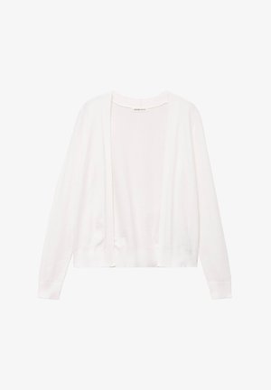 Witte openvallende cardigan met lange mouwen en geribbelde zoom, plat liggend afgebeeld tegen een witte achtergrond.