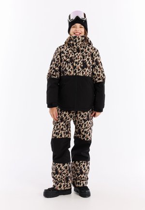 Leopardenmuster Schneejacke in Beige und Schwarz, kombiniert mit passenden Hosen. Mit einem hohen Kragen, Reißverschluss vorne und strapazierfähigem Material.