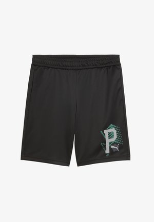 Zwarte sportshorts met elastische tailleband, zijzakken en een teal gekleurd gestippeld patroon met een grote "P" en Puma-logo op het rechterbeen.