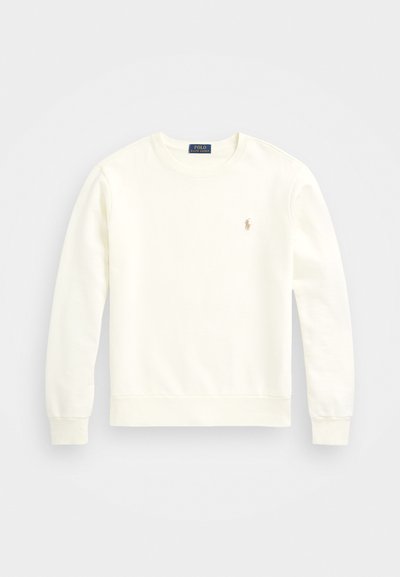 Sweatshirt de manga longa em cor creme, com punhos e bainha canelados, pequeno logo bordado de jogador de polo no lado esquerdo do peito.