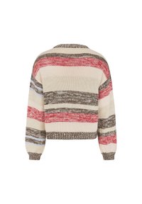 Maglione a righe color crema, con accenti rossi, marroni e blu. Presenta un collo rotondo e maniche a palloncino. Tessuto morbido e testurizzato.