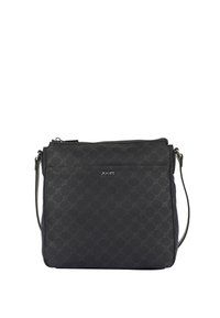 Borsa a tracolla nera realizzata in tessuto texturizzato, con chiusura superiore a zip, logo discreto e motivo geometrico su tutta la superficie. Tracolla regolabile.