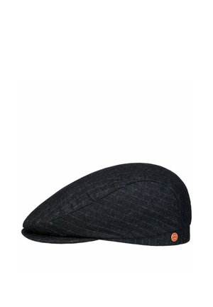 Dark gray flat cap with subtle checkered pattern and small round red and gold brand badge on the side.