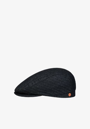 Dark gray flat cap with subtle checkered pattern and small round red and gold brand badge on the side.