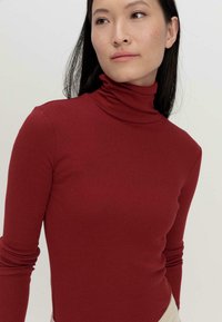 Rotes Rollkragenoberteil aus dehnbarem Stoff, mit langen Ärmeln und körperbetontem Design. Glatte Textur ohne sichtbare Muster.